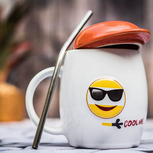 White Color Milk & Coffee Mug with Cap and Straw (White with Orange)